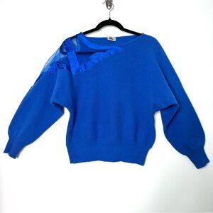 Vintage Retro Cobalt Blue Embroidered Leaf Wool Angora Dolman Sleeve Sweater